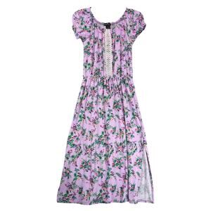 Love,‎ Alexa Purple Floral Midi Dress XL Stretch Puff Slv Lace Front Side Slits